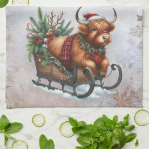 Weihnachtlicher Highland-Kinderschlitten Geschirrtuch