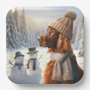 Weihnachtlicher Irischer Setter Mit Schneemännern Pappteller