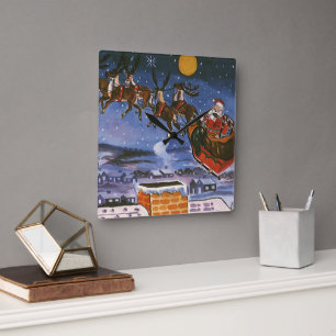 Weihnachtlicher Santa Claus beim Fliegen seines Sc Quadratische Wanduhr