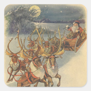 Weihnachtlicher Santa-Claus-Schlitten mit Rentiere Quadratischer Aufkleber