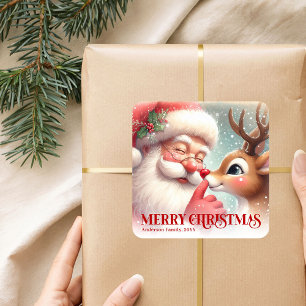 Weihnachtlicher Santa und Rudolph personalisierter Quadratischer Aufkleber