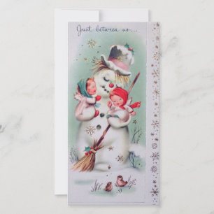 Weihnachtlicher Schneemann mit Engeln im Vintage-S Feiertagskarte