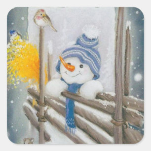 Weihnachtlicher Schneemann und Vogel Quadratischer Aufkleber