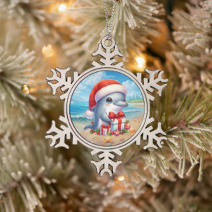 Weihnachtlicher Stranddelfin Schneeflocken Zinn-Ornament