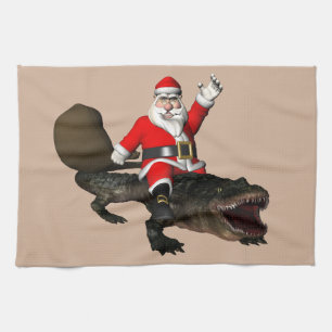Weihnachtlicher Weihnachtsmann reitet auf einem Al Geschirrtuch