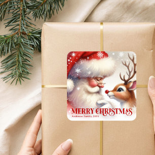 Weihnachtlicher Weihnachtsmann Rudolph Personalisi Quadratischer Aufkleber