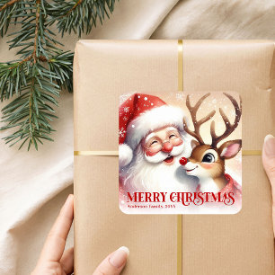 Weihnachtlicher Weihnachtsmann Rudolph Personalisi Quadratischer Aufkleber