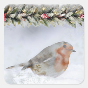 Weihnachtlicher Winter Schnee Rotkehlchen Weihnach Quadratischer Aufkleber