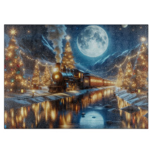 Weihnachtlicher Zug unter Mondlicht Schneidebrett