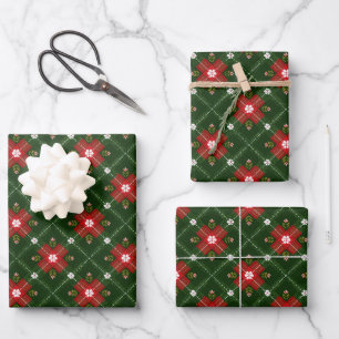 Weihnachtliches Cottagecore-Karo mit rotem florale Geschenkpapier Set