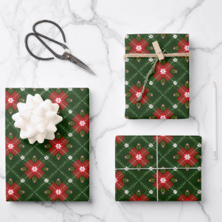 Weihnachtliches Cottagecore-Karo mit rotem florale Geschenkpapier Set