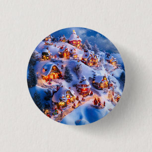 Weihnachtliches Dorf auf schneebedeckten Hügeln Button