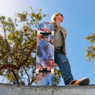Weihnachtliches Dorf auf schneebedeckten Hügeln Skateboard