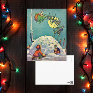 Weihnachtliches Inuit-Iglu mit fliegendem Santa Postkarte
