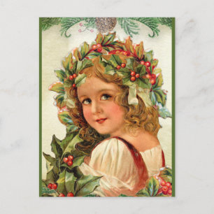 Weihnachtliches Kind mit Stechpalmenblättern im Ha Postkarte