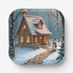 Weihnachtliches Lebkuchenhäuschen mit Schneemann Pappteller