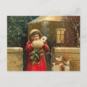Weihnachtliches Mädchen mit Hund im Retro-Stil Feiertagspostkarte