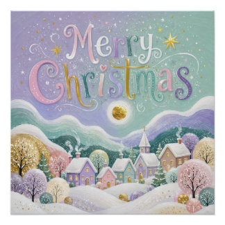 Weihnachtliches Pastell-Winterdorf mit Schneehäuse Poster