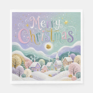Weihnachtliches Pastell-Winterdorf mit Schneehäuse Serviette