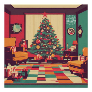 Weihnachtliches Retro-Wohnzimmer mit Weihnachtsbau Poster
