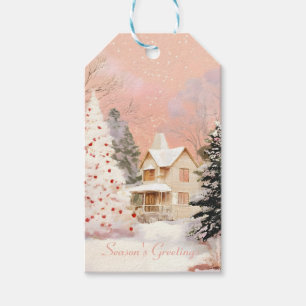 Weihnachtliches Rosa Winterhäuschen Geschenkanhänger