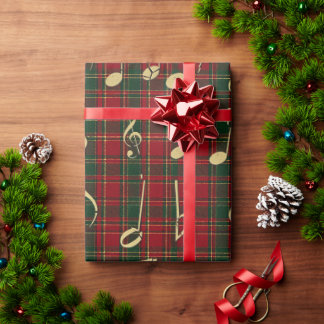 Weihnachtliches Rotkariert und Goldene Musiknoten Geschenkpapier