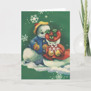 Weihnachtliches Schneemann-Paar im Vintage-Stil Feiertagskarte