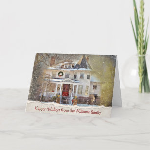 Weihnachtliches viktorianisches Haus mit Familienn Karte