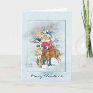 Weihnachtliches Vintage-Kind und Hirsch im Schnee Feiertagskarte