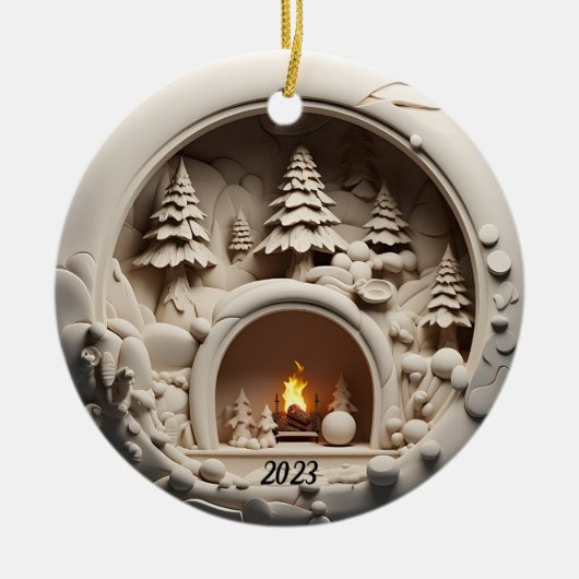 Weihnachts-3D-Fireplace Trees Keramik Ornament (Vorne)