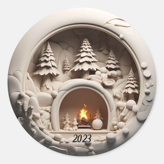 Weihnachts-3D-Fireplace Trees Runder Aufkleber (Vorderseite)