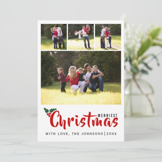 Weihnachts 4 Foto Collage Streifen Karte (Stehend Vorderseite)