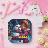 Weihnachts Adorable Girl and Snowman Pappteller (Party)