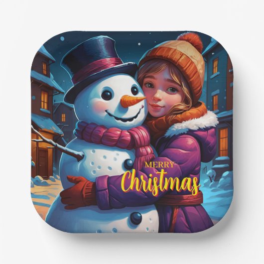Weihnachts Adorable Girl and Snowman Pappteller (Vorderseite)