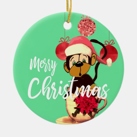 Weihnachts-Affen Grün Rot Niedliche Keramik Orname Keramik Ornament (Vorne)
