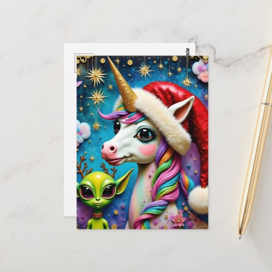 Weihnachts-Alien und Einhorn Postkarte (Vorderseite/Rückseite Beispiel)