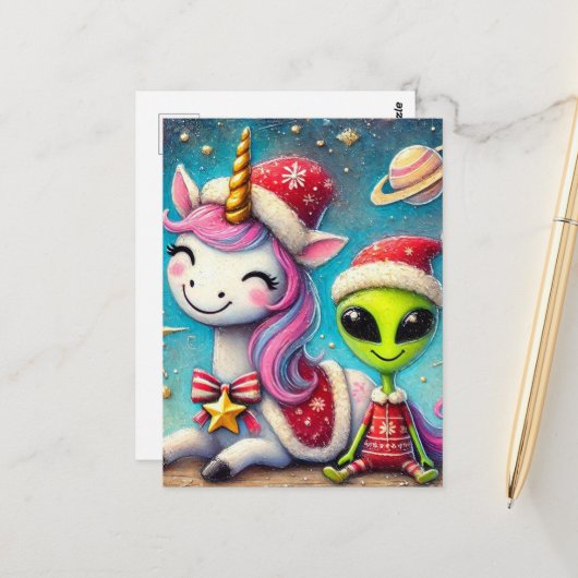 Weihnachts-Alien und Einhorn Postkarte (Vorderseite/Rückseite Beispiel)