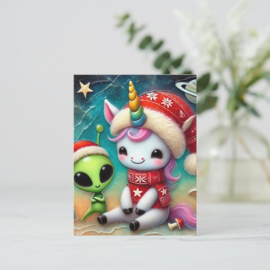 Weihnachts-Alien und Unicorn Postkarte (Stehend Vorderseite)