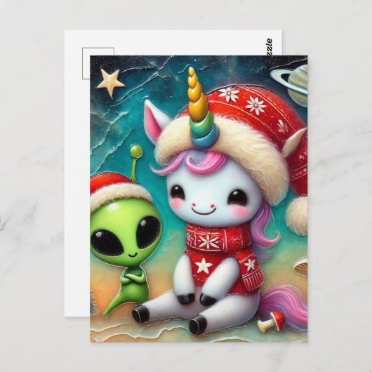 Weihnachts-Alien und Unicorn Postkarte (Vorne/Hinten)
