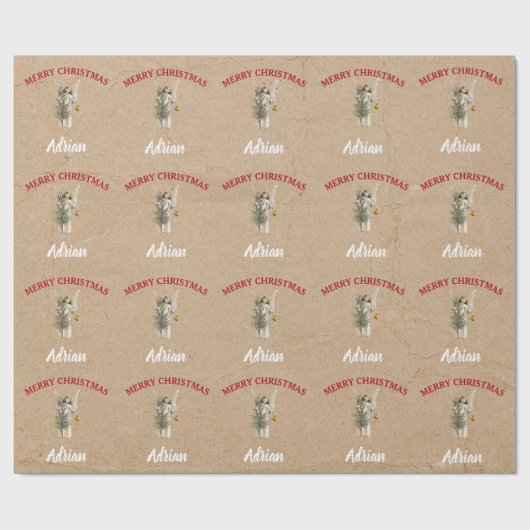 Weihnachts Angel & Tree Individuelle Name Kraft Geschenkpapier (Flach)
