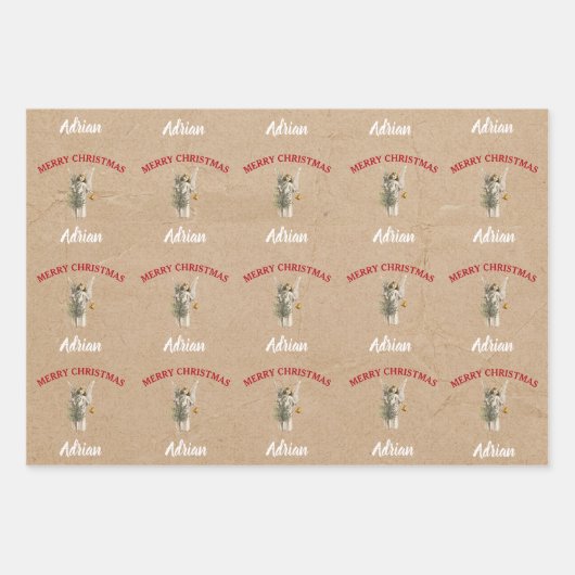 Weihnachts Angel & Tree Individuelle Name Kraft Geschenkpapier Set (Vorderseite)
