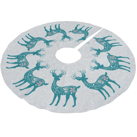 Weihnachts-Aquamarin-Rentier-Muster Silberer Glitz Polyester Weihnachtsbaumdecke (Schrägansicht)