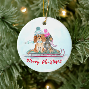 Weihnachts-Aquarell Cavalier King Charles Schlitte Keramik Ornament