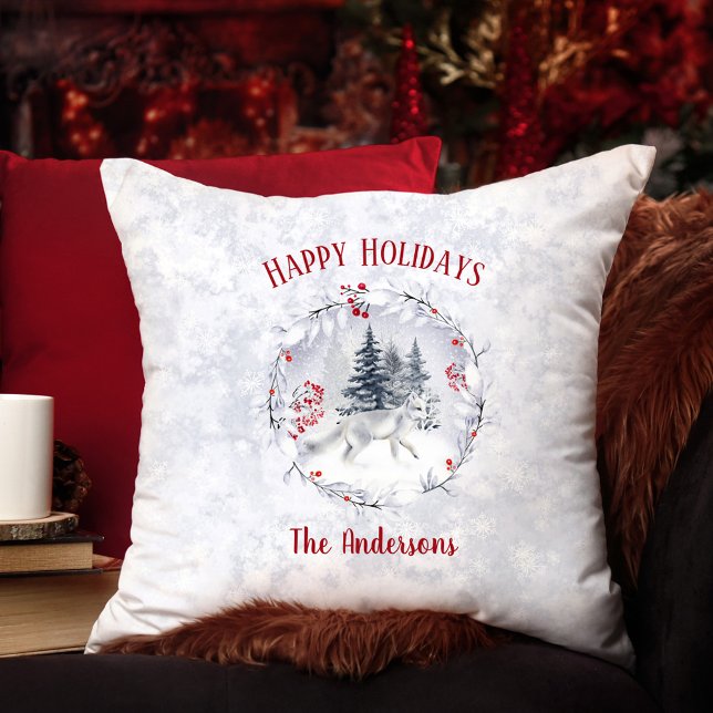 Weihnachts-Arktische Schneefälle Winterlandschaft  Kissen (Christmas Arctic Snow Fox Winter Scenery Name Throw Pillow)