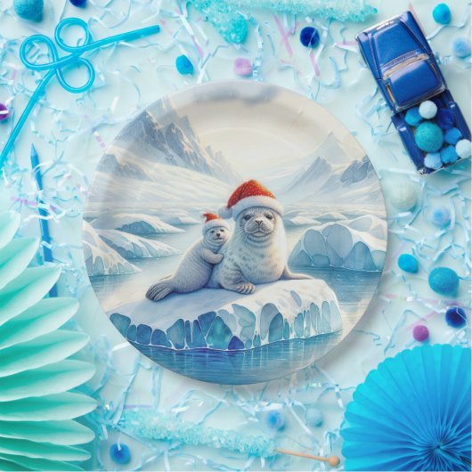 Weihnachts-Arktische Siegel mit Weihnachtsmannmütz Pappteller (Party)
