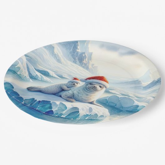 Weihnachts-Arktische Siegel mit Weihnachtsmannmütz Pappteller (Schrägansicht)