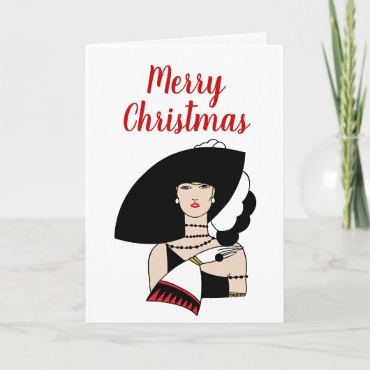 Weihnachts Art Deco Frau tragen Hat Handschuhe Far Feiertagskarte (Vorderseite)