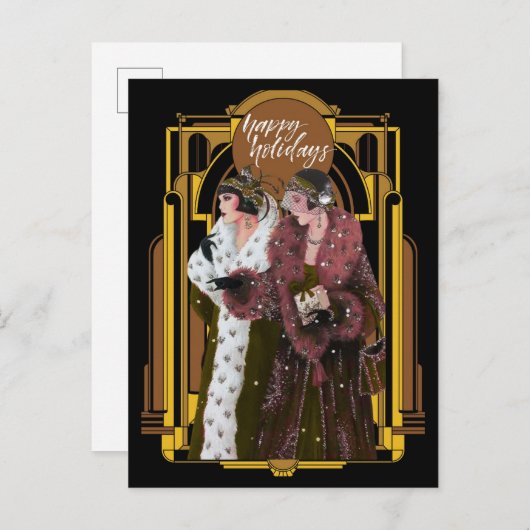Weihnachts Art Deco Retro Ladys Postkarte (Vorne/Hinten)