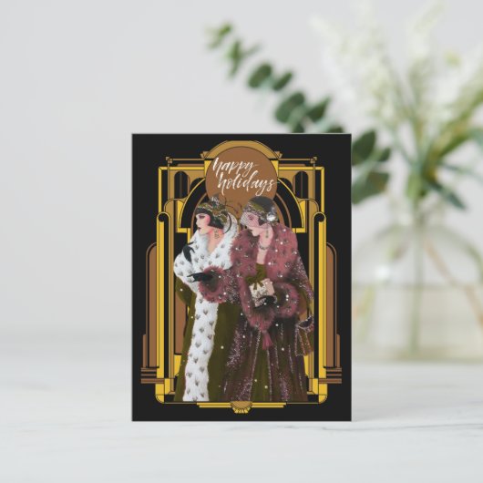 Weihnachts Art Deco Retro Ladys Postkarte (Stehend Vorderseite)