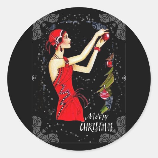 Weihnachts Art Deco Retro Vintage Dame Runder Aufkleber (Vorderseite)